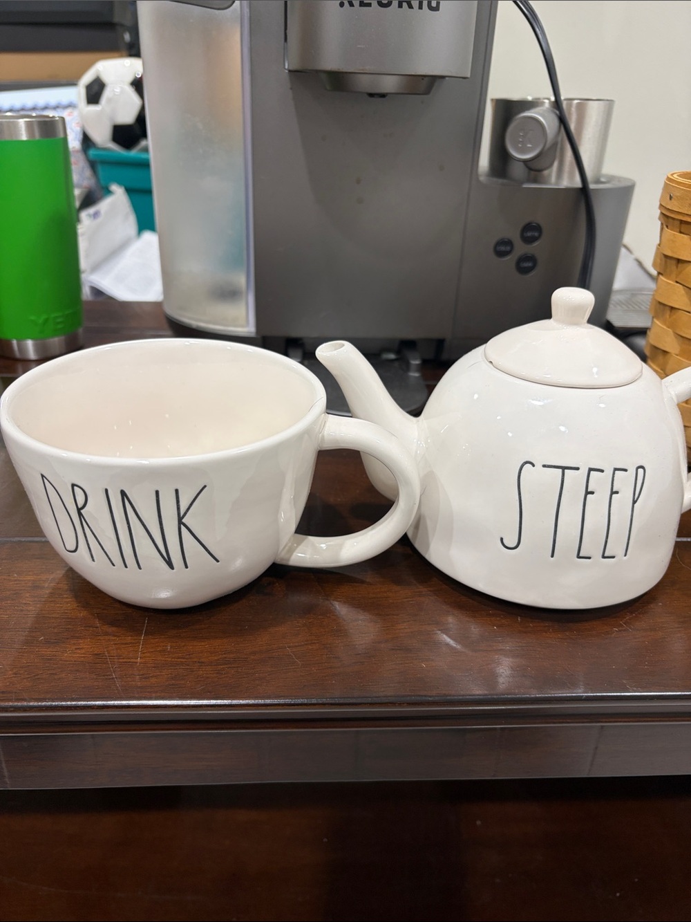 Rae Dunn White 'Drink' Mug and 'Steep' Teapot Set